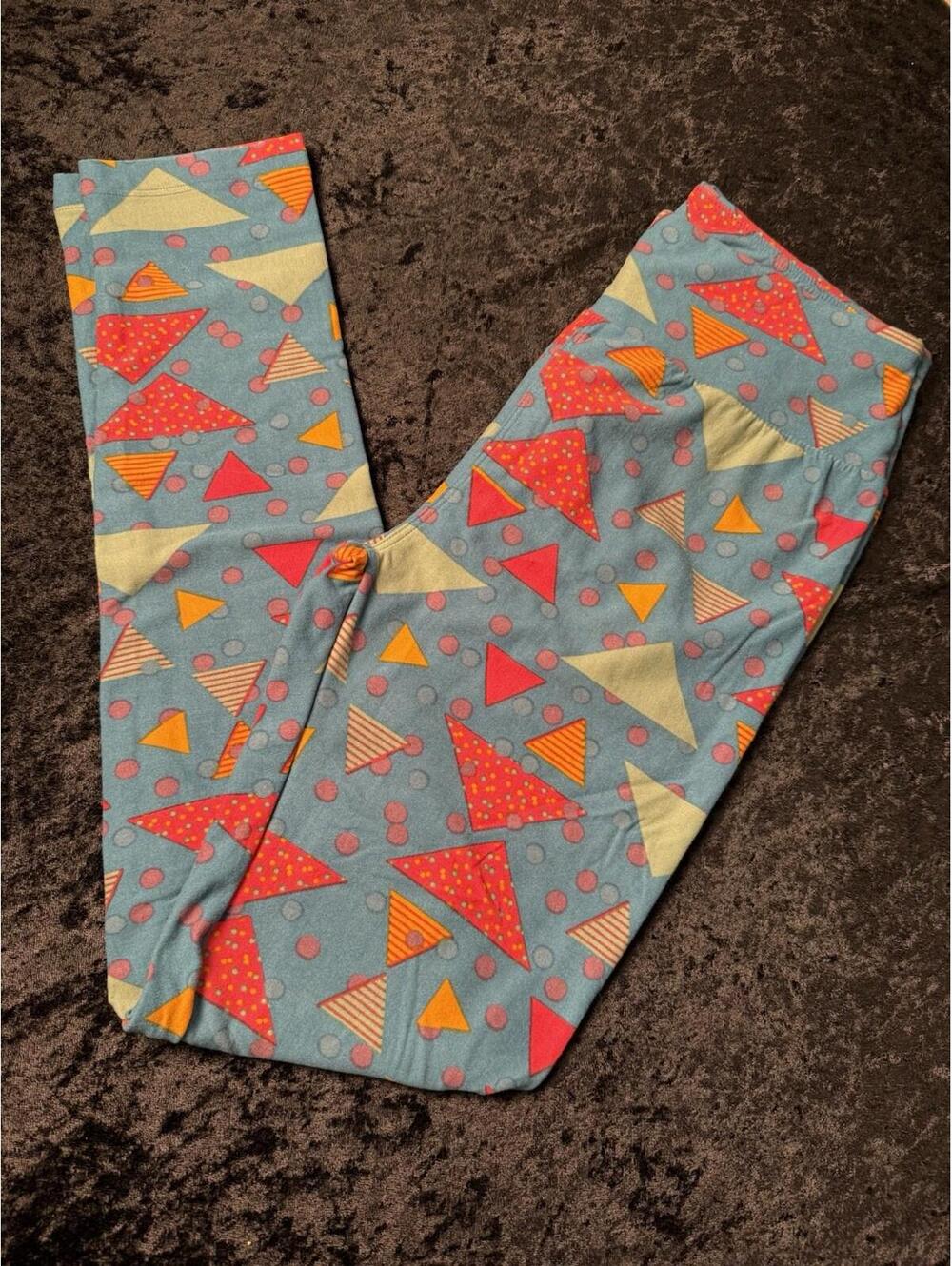 LuLaRoe One Size OS Leggings 90’s Blue Triangles Polka Dots Soft High Rise NWOT